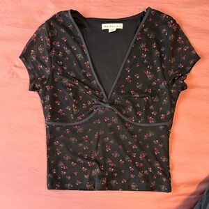 Aeropostale Black Floral Tie-Front V-Neck Crop Top with Pink Accents